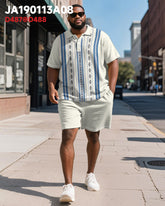 Men's Plus Size Business Apricot Blue Stripe Print Short Sleeve Polo Shirt Shorts Suit